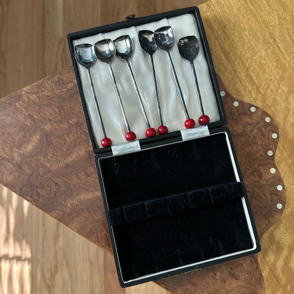 Barware 1930s Art Deco Bakelite Cherry Tipped English EPNS Muddlers ~ Boxed Set